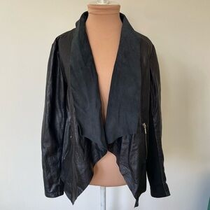 Cigno Nero Black Leather Shawl Collar Open Front Ribbed Knit Combo Jacket 36/4